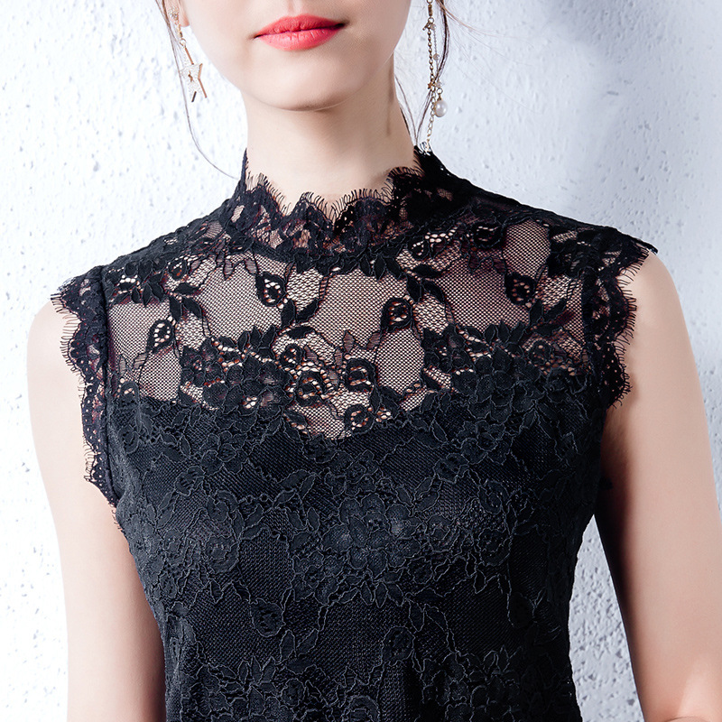 黑色蕾丝无袖背心女外穿夏季大码勾花镂空韩版小立领性感小衫