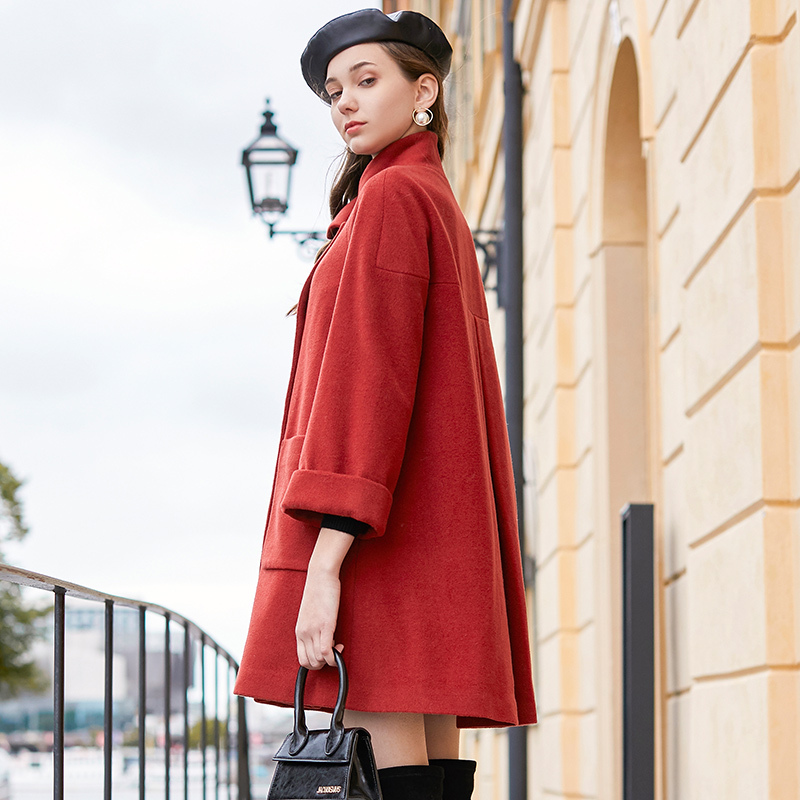 三彩冬季新款新年红中长小a字羊毛呢大衣外套