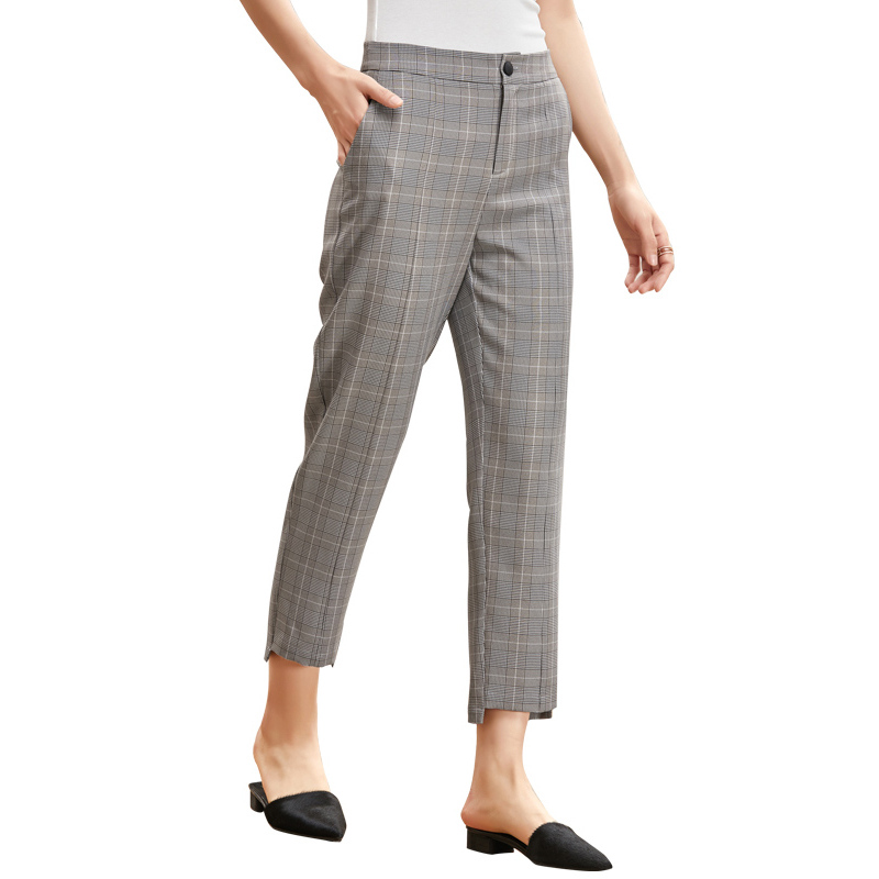 欧昵雪夏季ol休闲薄款格子小脚九分裤萝卜裤哈伦裤女西裤