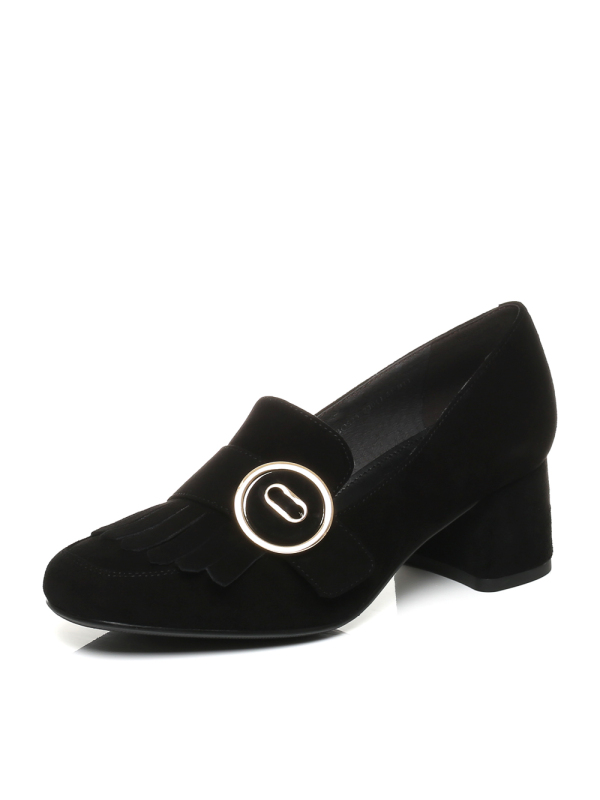 Belle/百丽秋季专柜同款墨绿色羊绒皮粗跟女单鞋BOS23CM7