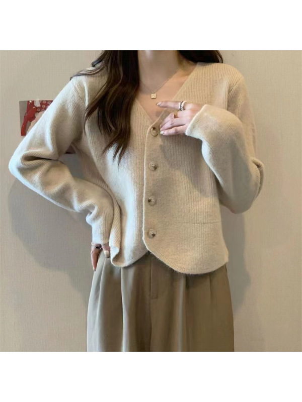 秋冬新款休闲韩版简约V领单排扣透气针织开衫长袖上衣女外套