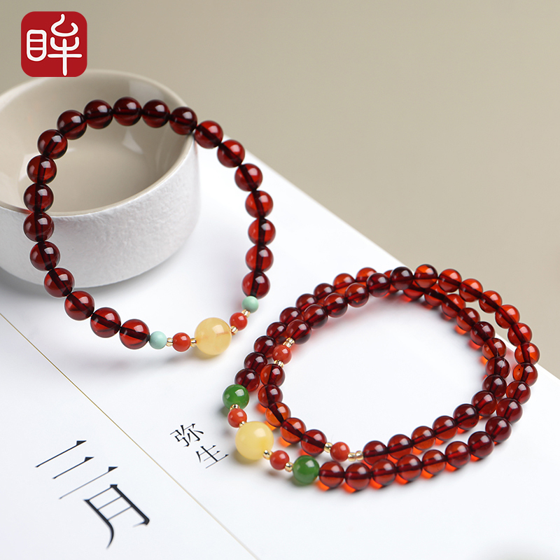 印象眸血珀圆珠手串琥珀搭蜜蜡配饰女款单圈双圈手链附送证书