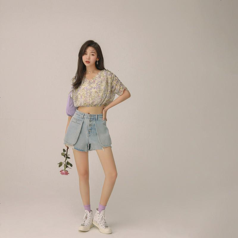 OtherMix木槿碎花雪纺衫2021年夏季新款泡泡袖木耳印花短款女上衣