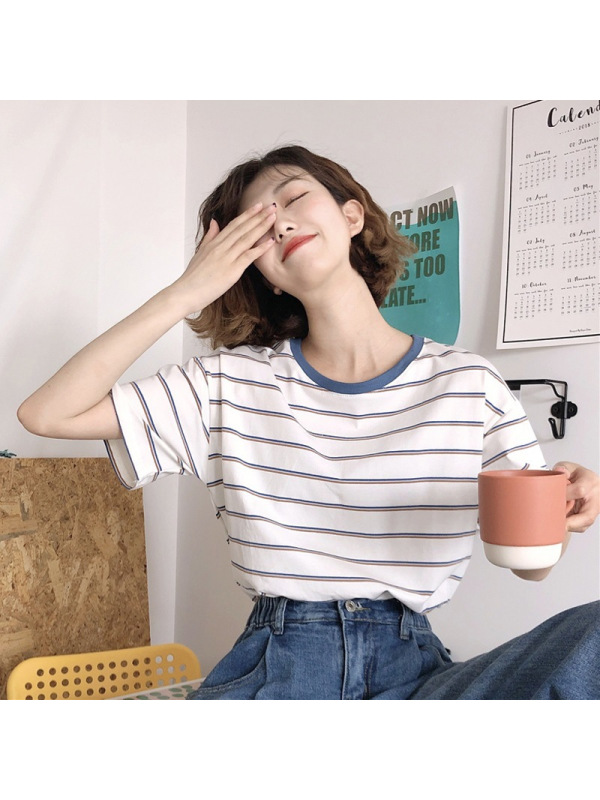 蓝领插色条纹短袖T恤女夏季宽松打底衫学生休闲上衣女装