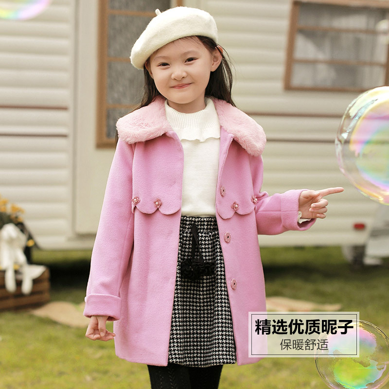 茵曼女童中长款外套2018秋冬厚款儿童女保暖毛领可拆呢子大衣