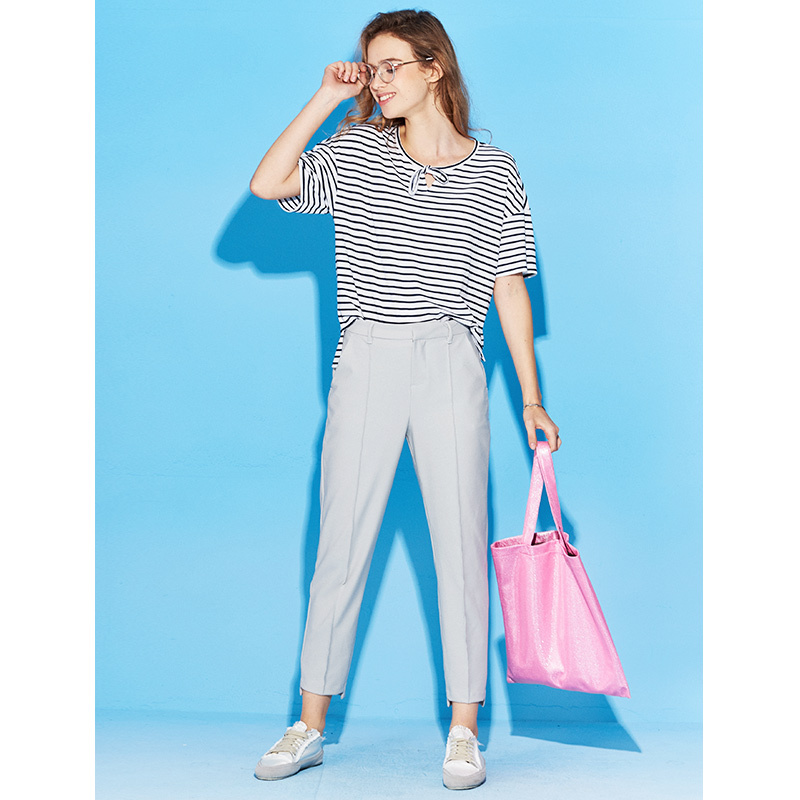 以纯线上品牌a21夏装新款短袖t恤女时尚条纹系带个性下摆上衣