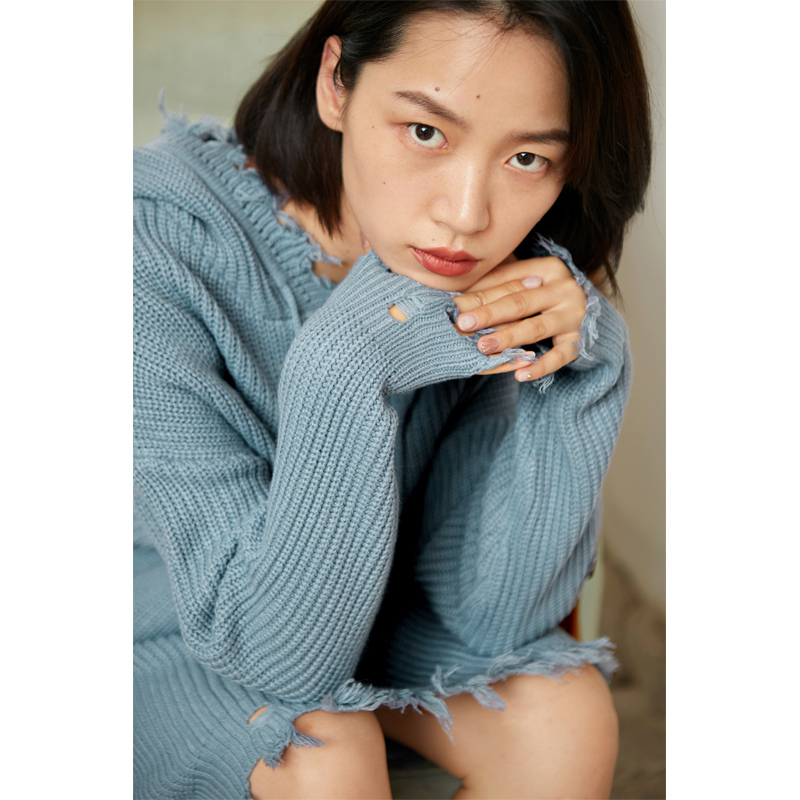 森宿Y纯色长袖针织连衣裙女秋装2018宽松休闲气质中长款A字裙