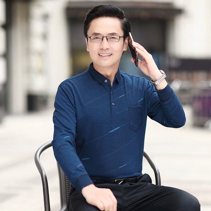 真口袋商务休闲宽松版秋季爸爸装长袖简约斜纹T恤男中年polo衫图片