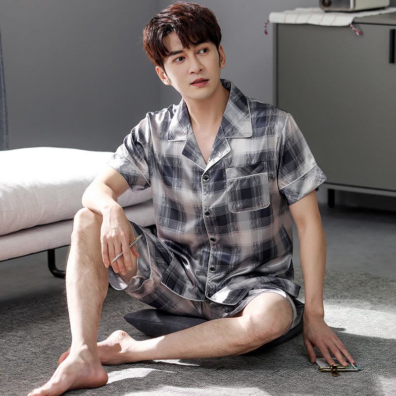 睡衣男夏季开衫翻领冰丝绸短袖短裤学生夏天大码家居服套装可外穿图片