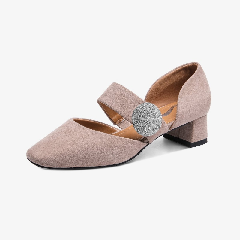 白鳕儿春季新款粗跟单鞋女中跟低跟水钻一字扣方头浅口女单鞋舒适百搭