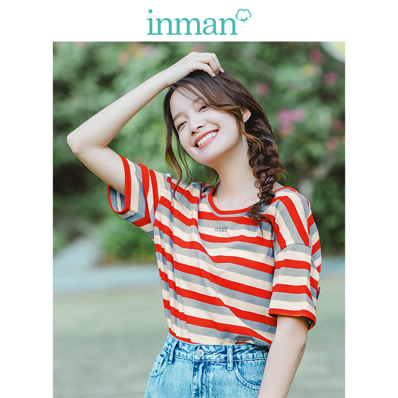 茵曼t恤女2019夏装新款文艺小清新彩色横条纹短袖衫宽松纯棉上衣