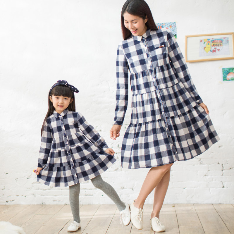 茵曼童装 2018秋冬女童裙子格子儿童长袖纯棉连衣裙