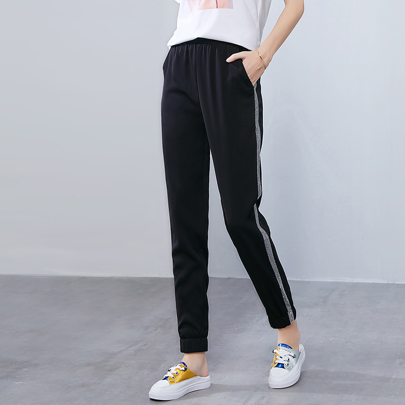 晩白 新品时尚百搭松紧高腰条纹显瘦小脚裤铅笔裤休闲裤女
