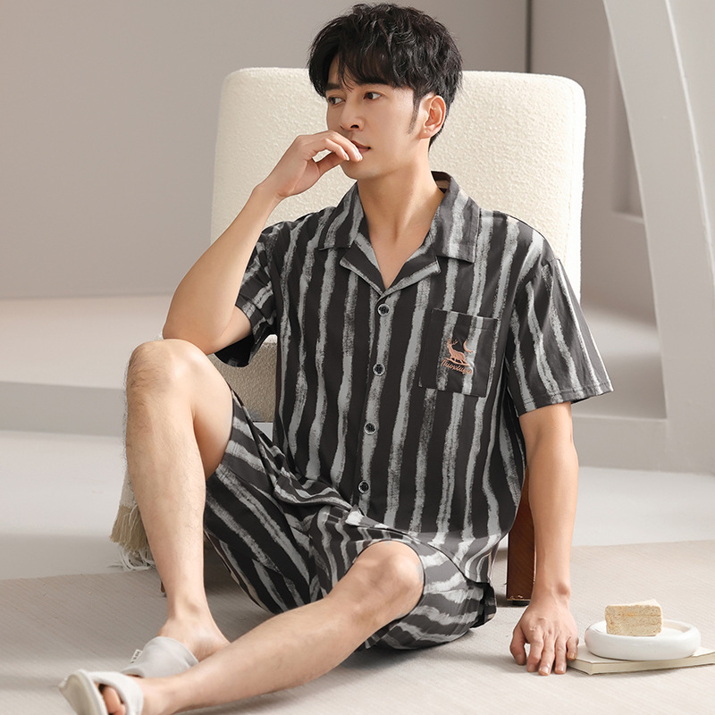 男士睡衣夏季纯棉短袖开衫青年家居服夏天薄款短裤可外穿大码套装
