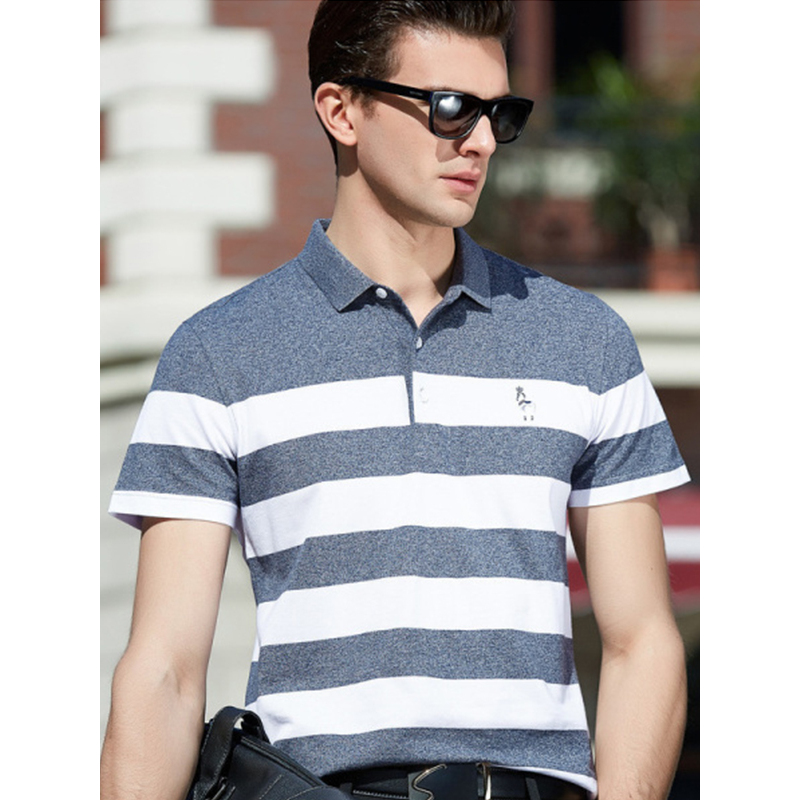 传奇保罗polo衫男短袖2018夏季新款浅灰条纹休闲商务纯棉翻领t恤