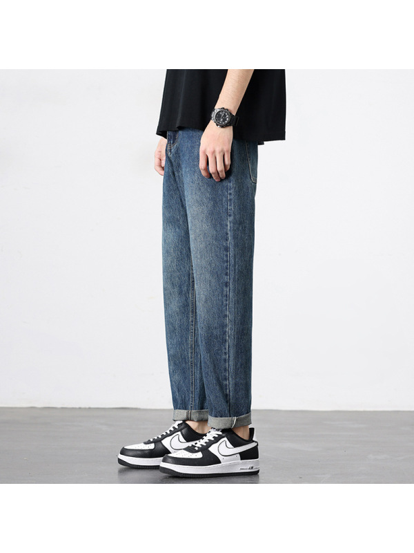 通勤风学生锥形牛仔裤 男士复古蓝长裤 男宽松水洗卷边基础款
