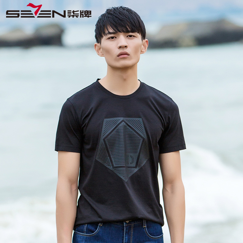 柒牌SEVEN男装短袖T恤衫青年时尚韩版修身印花圆领男体恤