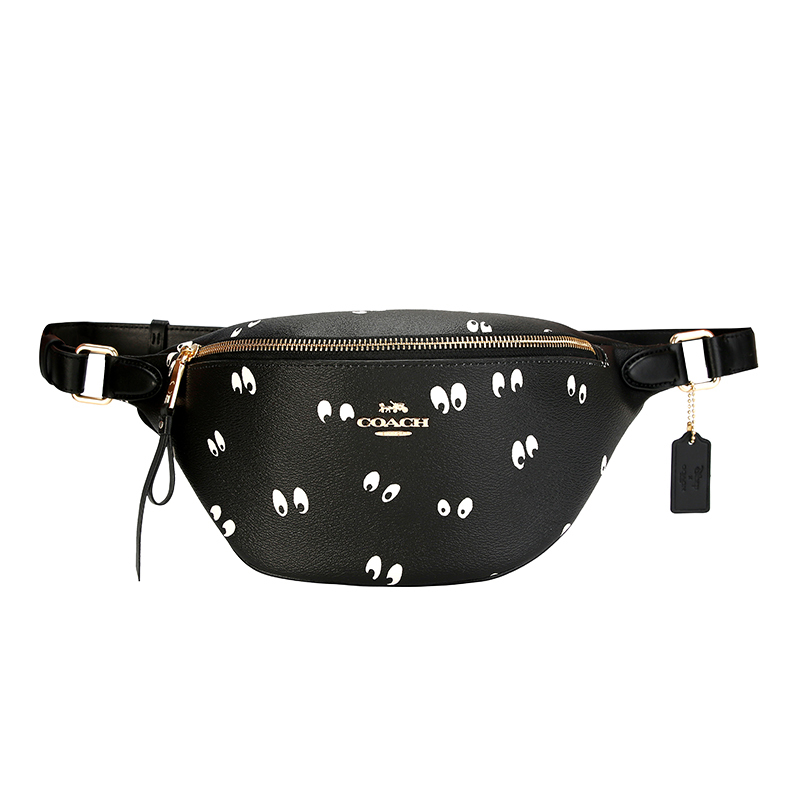 coach蔻驰奢侈品女士黑色皮革单肩斜挎腰包女生