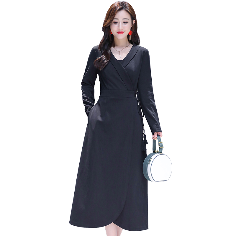 丝柏舍2019流行新款女装秋简约纯色V领长袖中长款连衣裙S93R4881L