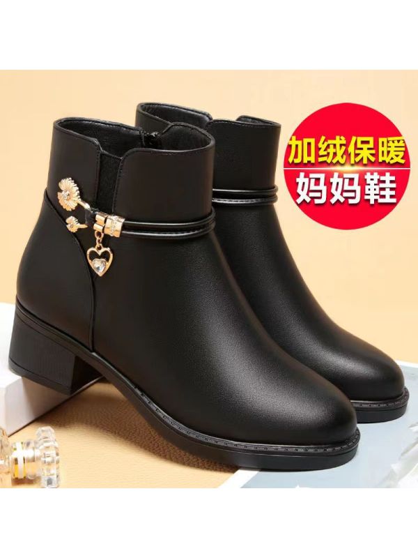 妈妈鞋棉鞋粗跟女士棉皮鞋平底软底中跟短靴防滑中老年女鞋棉靴子