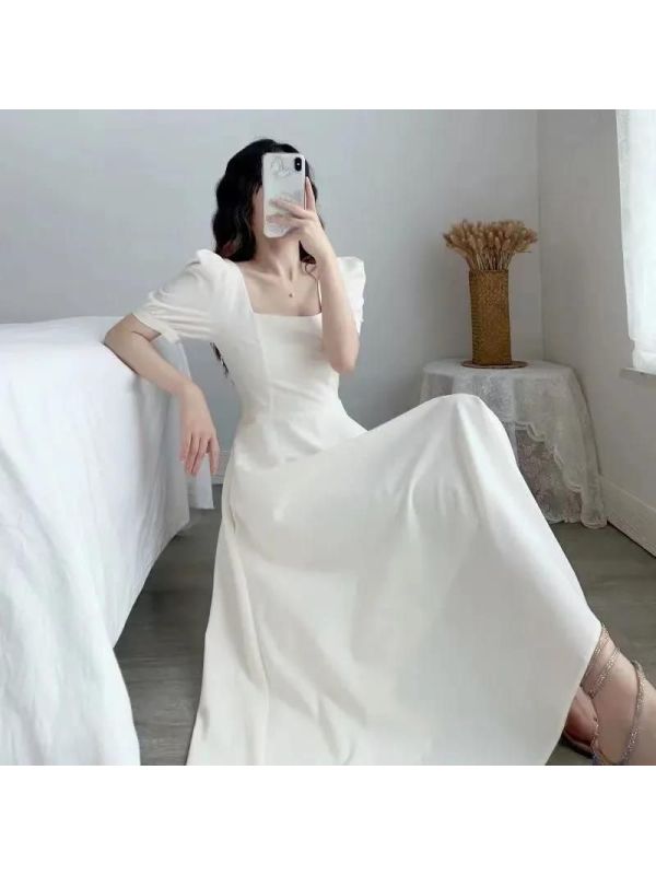 泡泡袖方领赫本风连衣裙女装夏季裙子收腰显瘦气质过膝长裙子夏款