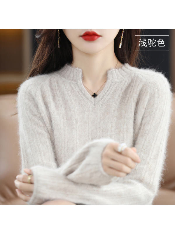 秋冬新款貂绒毛衣女v领宽松短款纯色灯笼袖羊毛打底衫针织衫