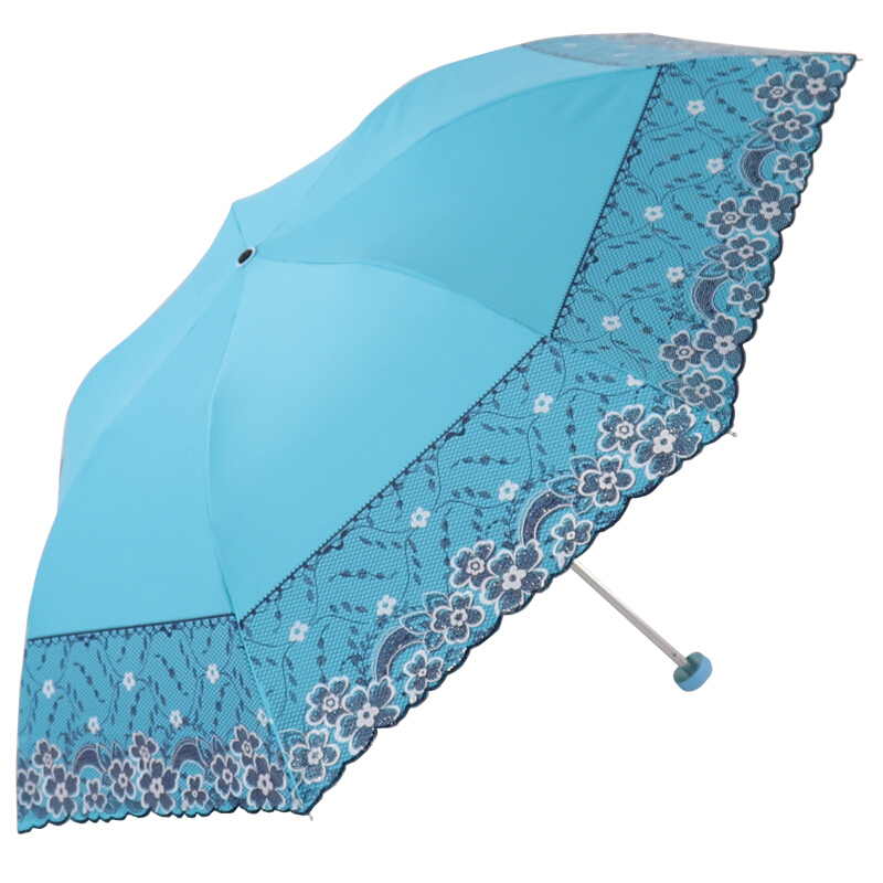 天堂伞梦幻花蕾亚光绒色胶三折超轻绣花晴雨伞 l33204e蓝色