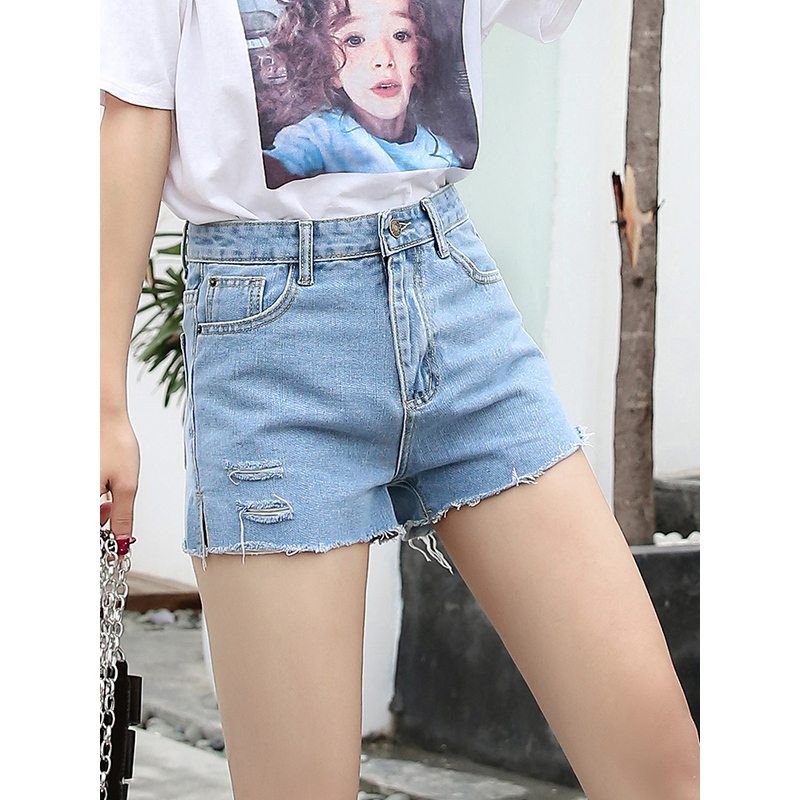 天淳尔女装夏季高腰无弹开叉破洞牛仔短裤2018BZ-903