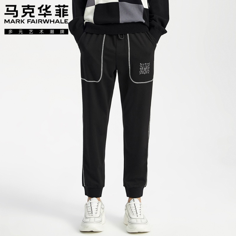 马克华菲针织裤男士2020春季新款帅气个性撞色印花休闲九分裤
