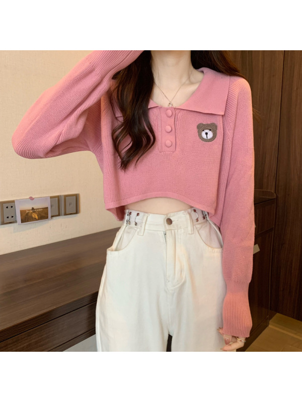 刺绣小熊polo领长袖针织衫女秋季设计感小众毛衣宽松显瘦短款上衣