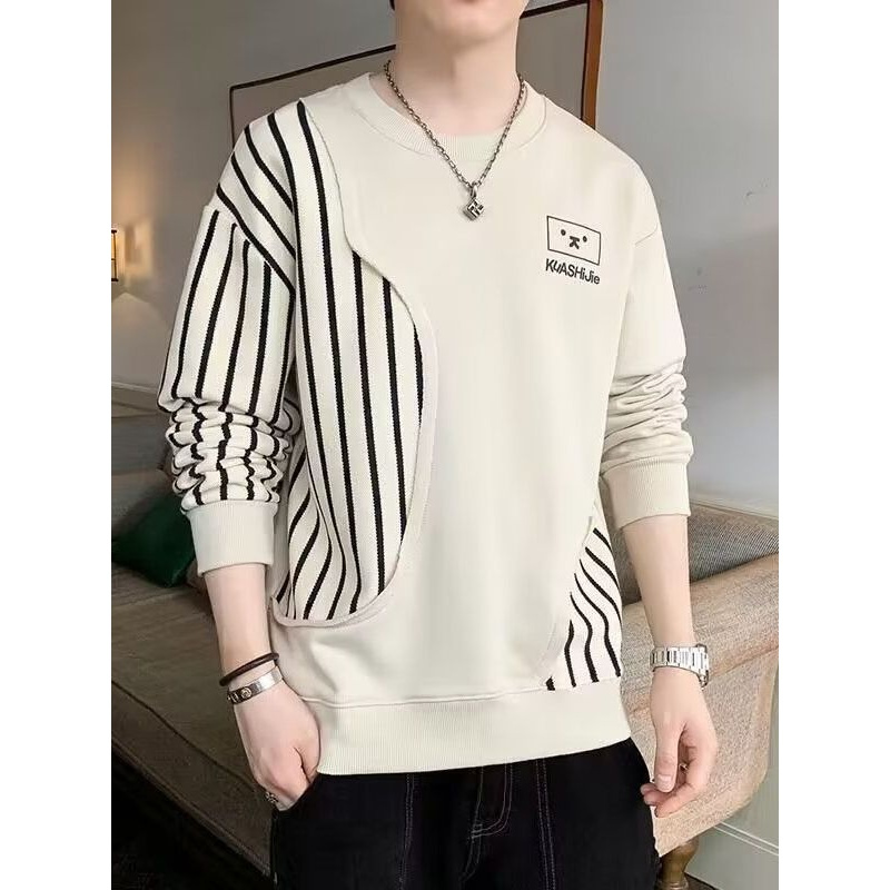 服长袖T恤男士秋季圆领上衣打底衫潮流拼色个性条纹卫衣