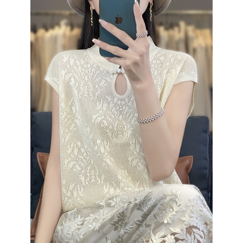 复古镂空提花薄款短袖T恤女夏季新款中国风盘扣旗袍领短袖女