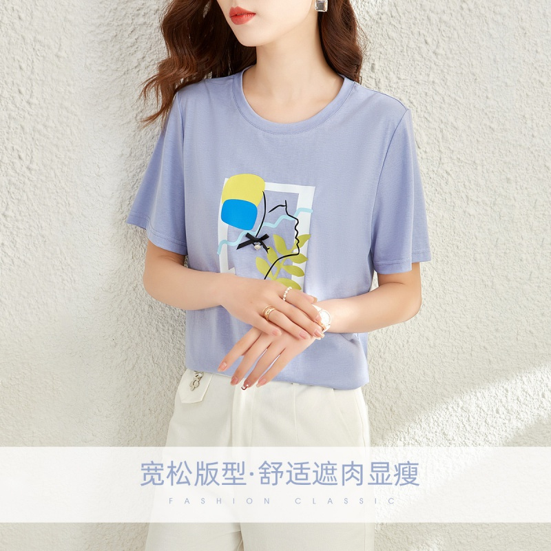 OUNIXUE欧昵雪 | [时尚休闲上衣]夏季艺术风圆领烫图短袖简约套头宽松T恤女