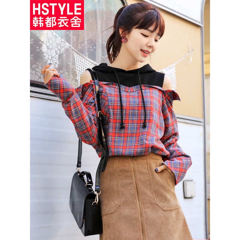 韩都衣舍2018新款女装春装韩版拼接露肩假两件格子衬衫聖