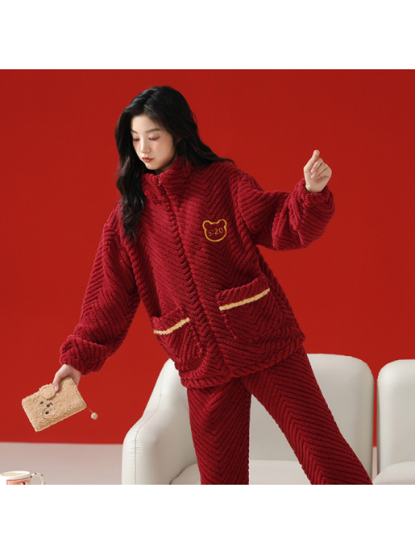 情侣睡衣秋冬季珊瑚绒本命年喜庆结婚大红色一男士一女家居服套装