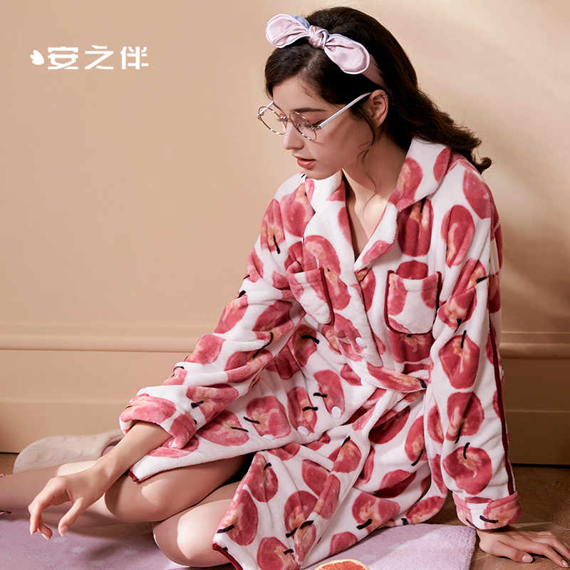 安之伴特卖睡袍女冬珊瑚绒保暖加厚宽松大码长袖睡浴衣日式系带家居服