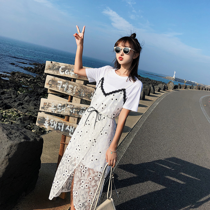 2018夏新款韩版短袖T恤开叉蕾丝带连衣裙套装