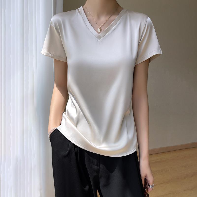 dbmg春季新款冰丝短袖t恤女v领薄款宽松大码白色上衣打底衫真丝t