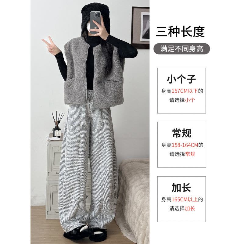 羊羔绒黑色毛呢卫裤女冬新款加绒保暖棉裤胖mm大码加厚阔腿裤图片