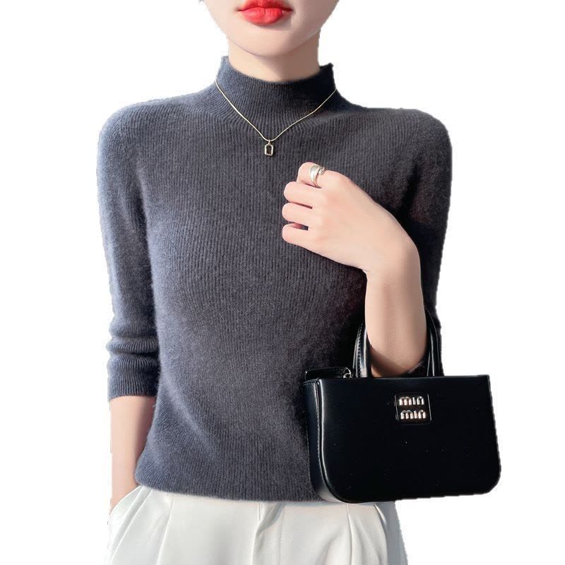 早春新款半高领针织衫短袖女宽松套头内搭毛衣抽条显瘦打底衫图片