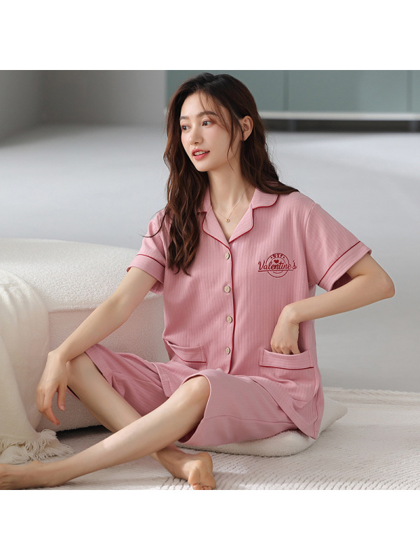睡衣女夏季短袖七分裤开衫棉质翻领宽松大码休闲家居服套装可外穿