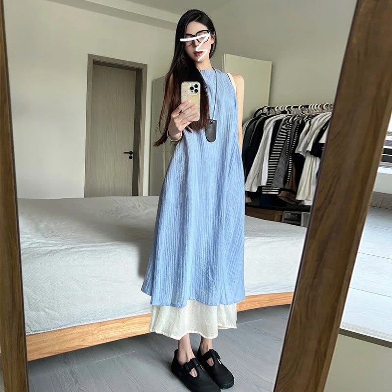 法式假两件连衣裙女装夏季新款宽松显瘦垂坠感气质长裙子夏装图片