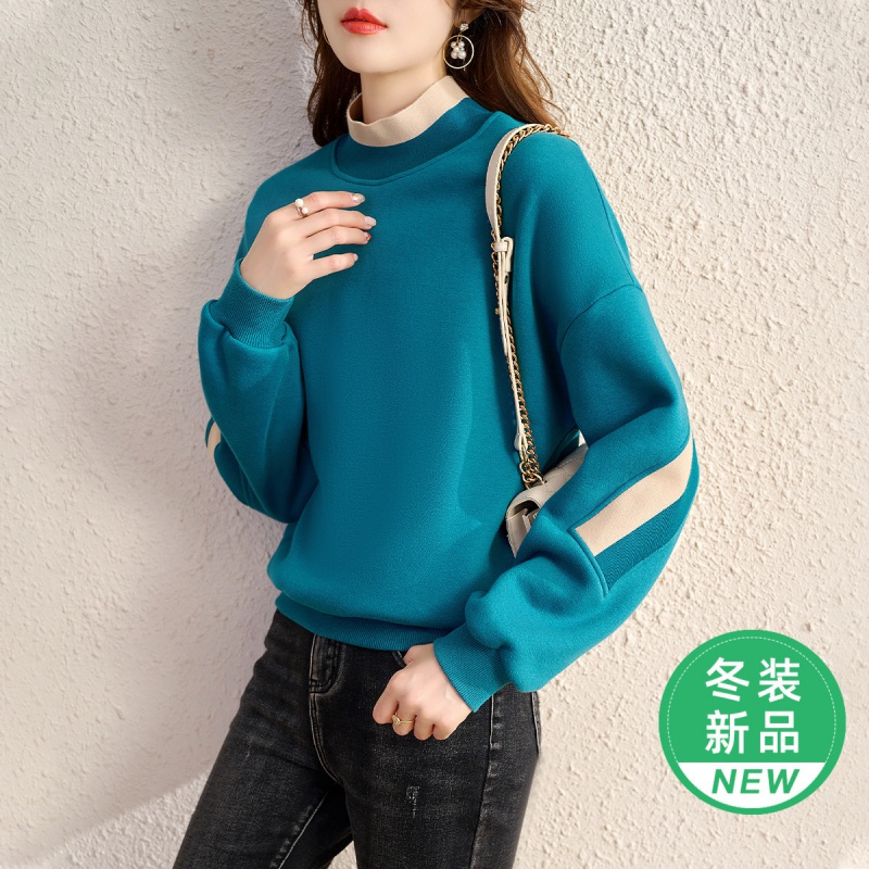 OUNIXUE欧昵雪 | [半高领撞色保暖上衣]冬季韩系宽松长袖加绒潮ins卫衣女