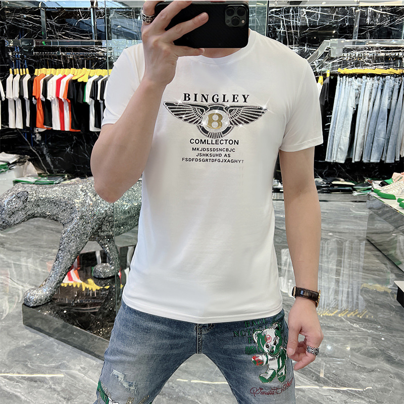 欧洲站时尚夏季新款潮牌男士丝光棉字母烫钻短袖修身T恤男潮欧货