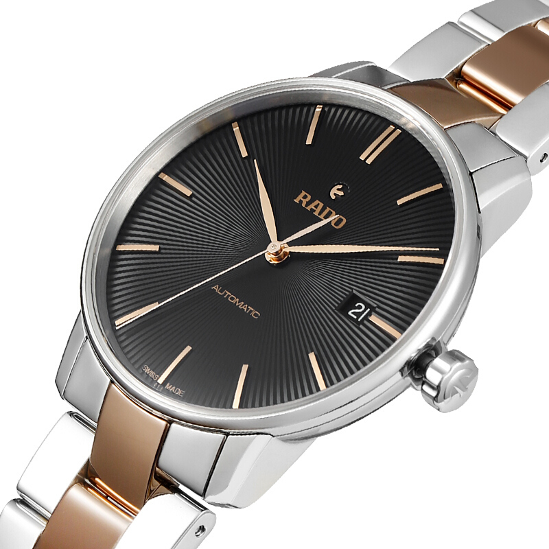 雷达rado瑞士手表晶璨系列时尚商务石英男表377mm黑盘玫瑰金钢带r22