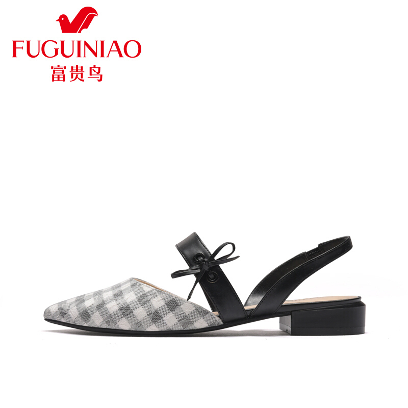 富贵鸟（FUGUINIAO）2018新款浅口中跟尖头单鞋甜美时装凉鞋女黑色