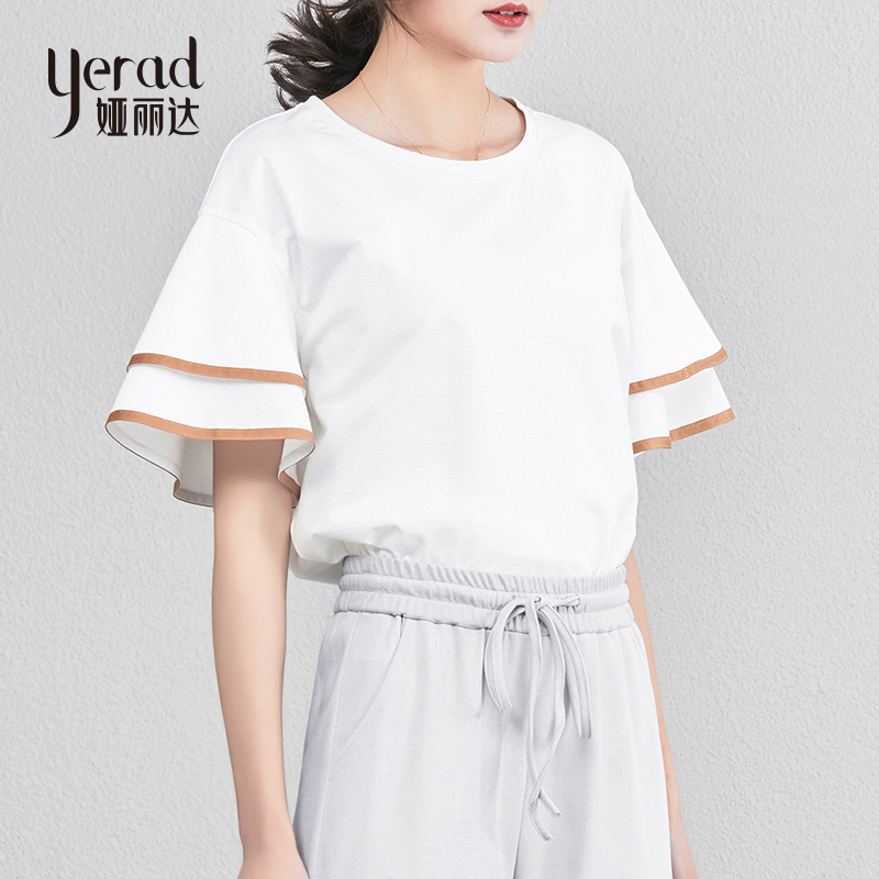 娅丽达女装2019夏季新款短袖T恤女宽松纯色圆领五分袖韩版小衫I6009