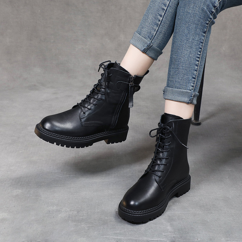 策霸头层牛皮帅气马丁靴女秋冬新款厚底女靴
