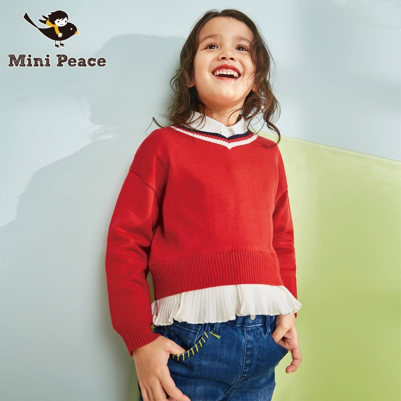 minipeace太平鸟童装女童针织衫百褶下摆时尚v领毛衣春装新款