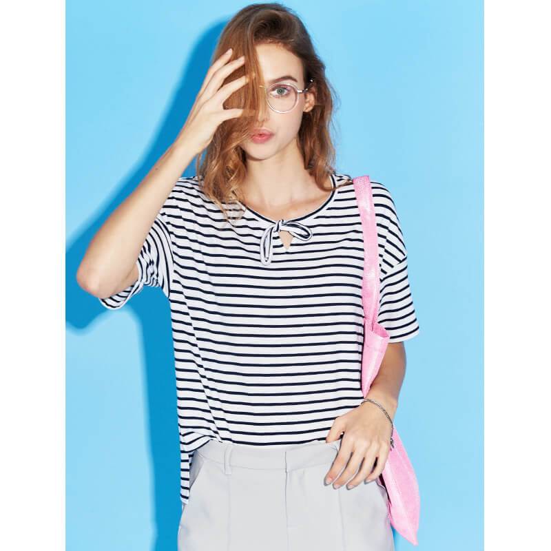 以纯线上品牌a21夏装新款短袖t恤女时尚条纹系带个性下摆上衣